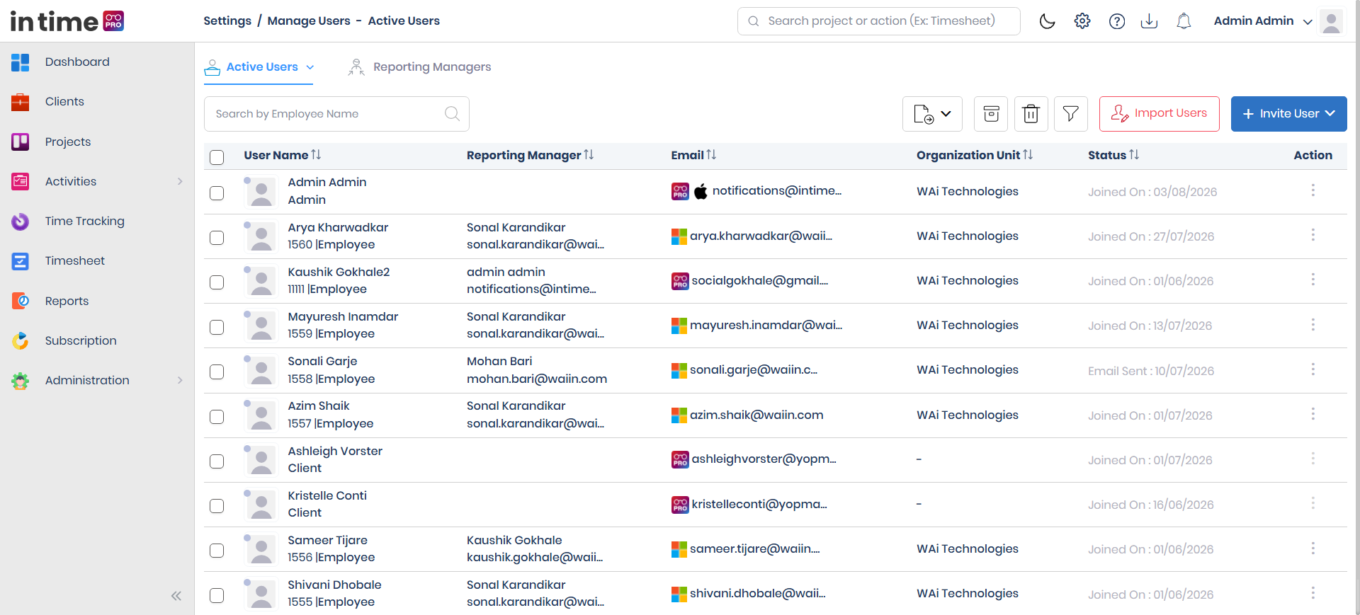 Manage Users list with the Active/Archived/Deleted dropdown, search box, table columns, and toolbar actions (Export, bulk actions, Import Users, Invite User)